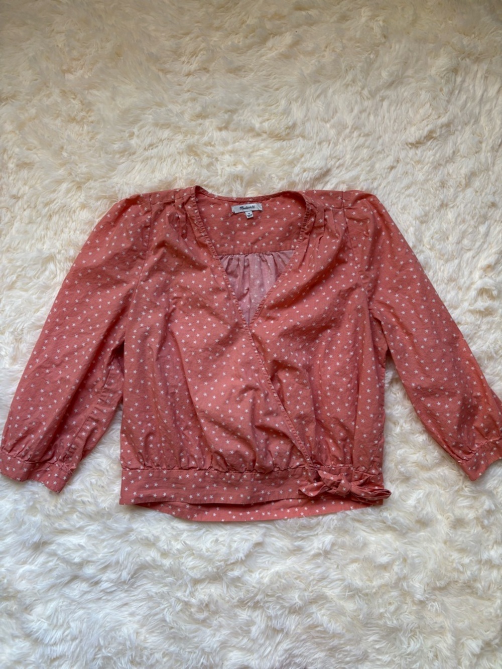 Madewell Star Print Wrap Blouse 3 Quarter Sleeve Ruffle V-Neck Pink Size M
